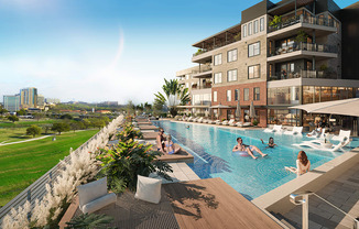 a rendering of an apartment building with a swimming pool