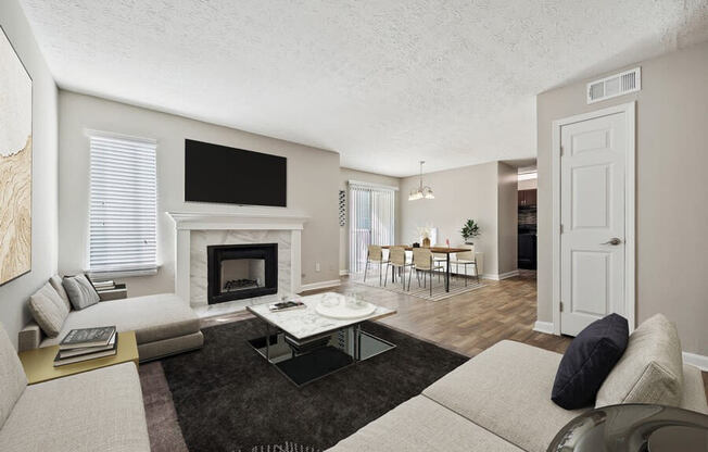 Model living room with fireplace