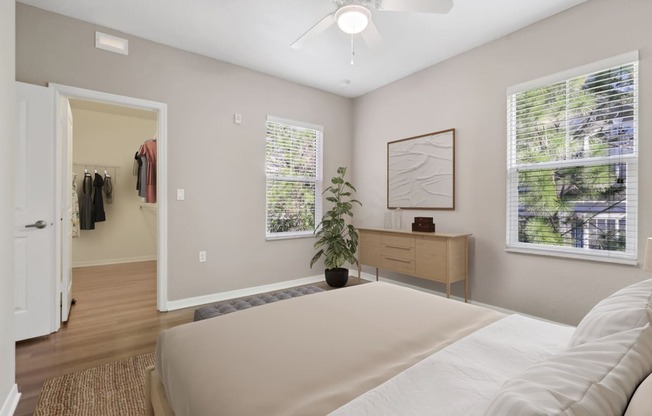 Bedroom with a ceiling fan and large closet at The Amalfi Clearwater Apartments