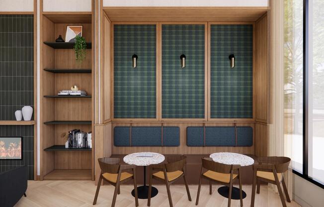 Relax or gather with neighbors in Modera Bridle Trail's inviting lounge, designed with warm textures and stylish details.