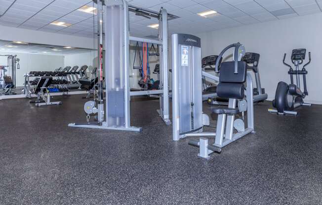 Fitness center with dumbbells  at 444 Park Apartments, Richmond Heights, Ohio