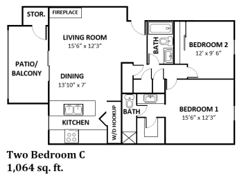 2 beds, 2 baths, 1,064 sqft, $1,285