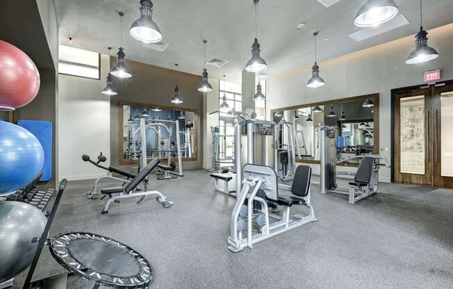 a gym with weights and cardio equipment at the district at highland village apartments