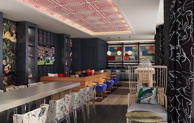 a rendering of a restaurant with tables and chairs and a bar