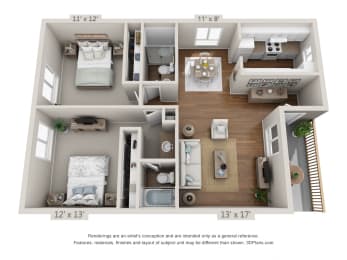 2 beds, 2 baths, 965 sqft, $1,370