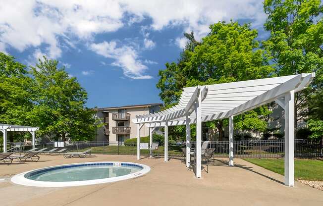 our apartments have a patio with a pool and shade