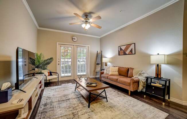 a living room with a couch and a coffee table