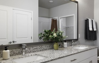 a bathroom with two sinks and a mirror