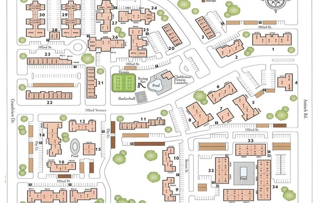 a site plan of a campus with buildings and trees