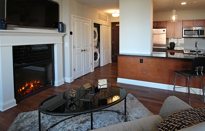 Living Room With Kitchen View at The Terminal Tower Residences Apartments, Ohio, 44113