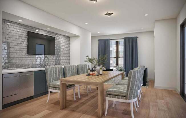 A modern dining room with a wooden table and chairs.