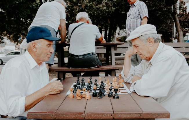 two men playing chess at a picnic table