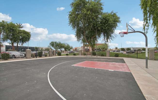 a basketball court in a park with trees