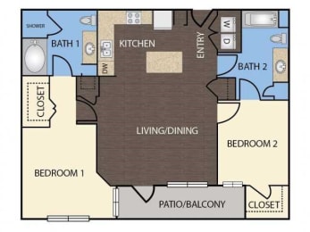 B2 - 2 Bedroom 2 Bath 1,131 Sq. Ft. Floor Plan at Republic at Alamo Heights, San Antonio