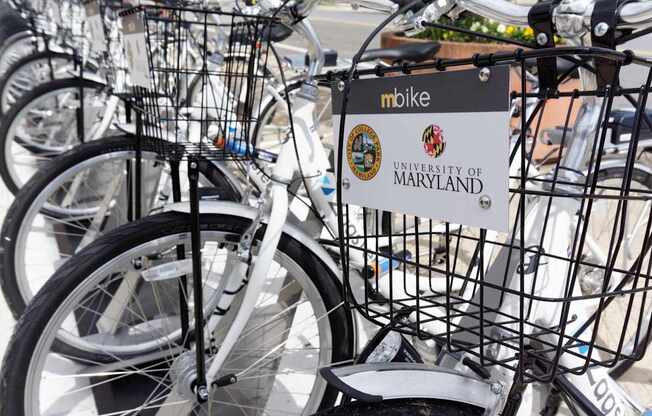 A bike with a tag that says mbike and University of Maryland.