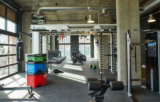 a workout room with weights and other gym equipment at The Audubon New Haven, New Haven