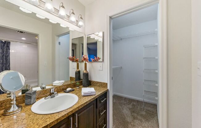 Bathroom with cabinets, sink, mirror, and lighting looking into large walk-in closet