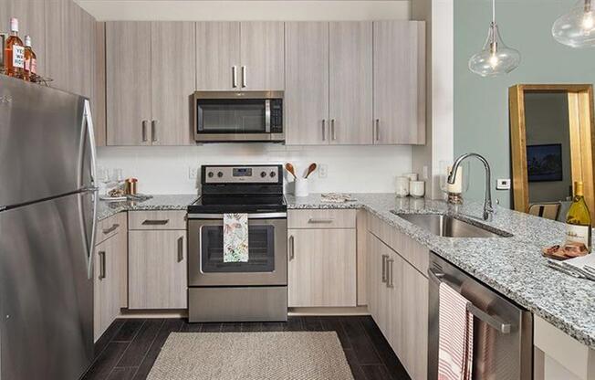 a kitchen with stainless steel appliances and a granite counter top at Promenade at Newnan Crossing, Georgia, 30265