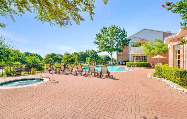 Sparkling pool and spa with golf course views. Turnberry Isle Apartments in Dallas, TX offers 1,2 and 3 Bedroom Apartment Homes.