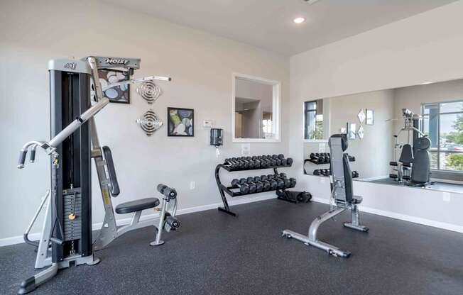 A spacious home gym with a variety of equipment including a treadmill, weights, and exercise machines.