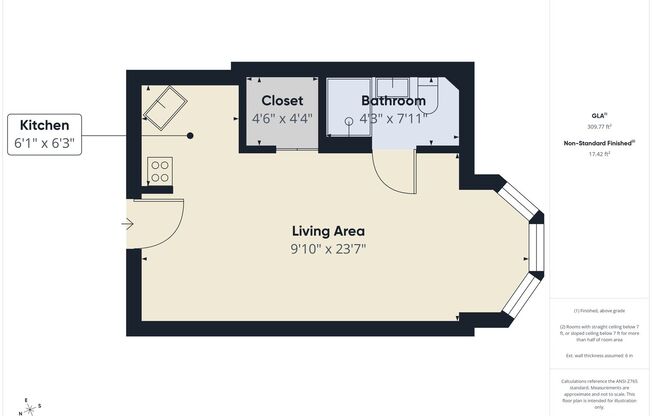 Studio, 1 bath, 310 sqft, $995, Unit 105