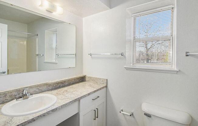 A bathroom with a sink, mirror, toilet, and a window with blinds at Brentwood Park Apartments, La Vista, Nebraska