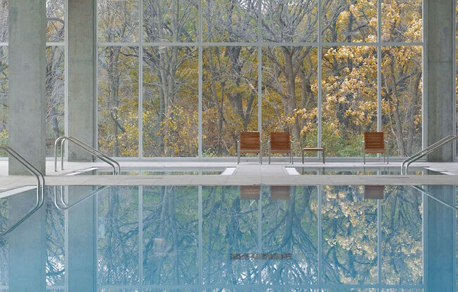A glass wall with a view of trees and a pool with chairs.