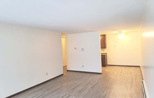 an empty living room with white walls and wood flooring