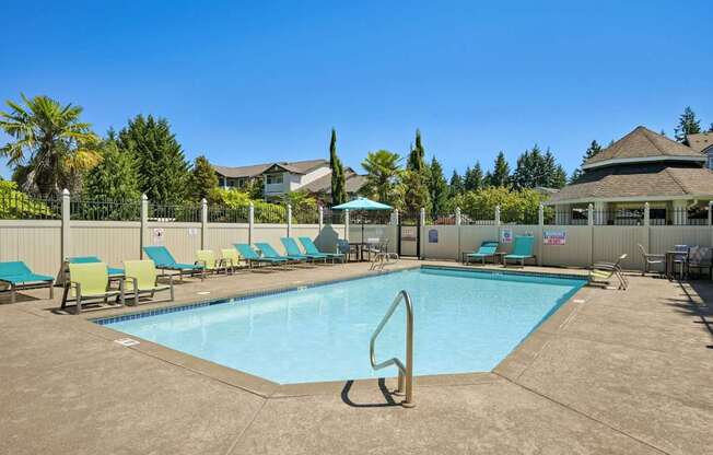 A large swimming pool surrounded by lounge chairs and trees at The Madison apartments in Olympia, WA