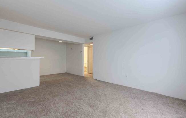 A large empty room with a carpeted floor and white walls.