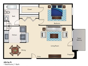 1 bed, 1 bath, 696 sqft, $1,242