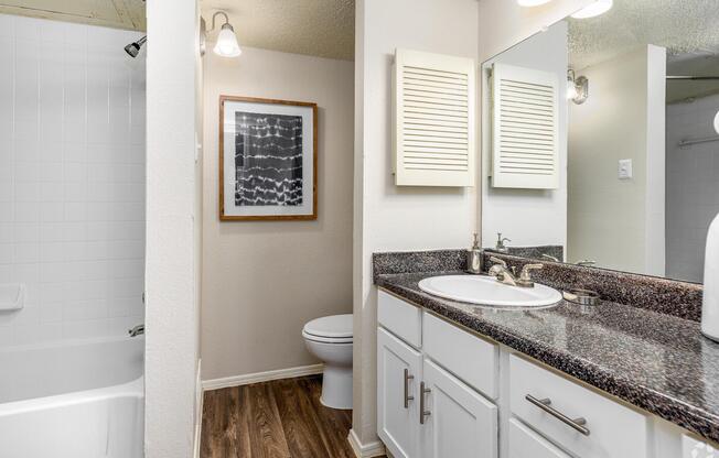 A well-lit bathroom featuring a modern design. It includes a bathtub with a shower, a toilet, and a double sink vanity with a granite countertop. There is a framed abstract artwork on the wall and light fixtures above the mirror, with light-colored walls and wooden flooring.