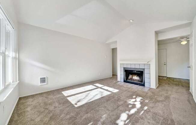 A living room with a fireplace and a carpet.