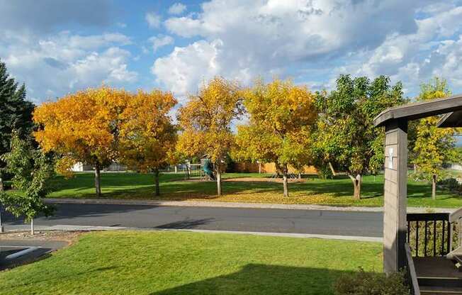 View of park across a paved street lined with trees with a playground surrounded by grass in the background.at The Lakes Apartments, Moses Lake, 98837