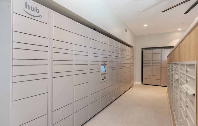 A row of Amazon Web Services's (AWS) data center servers are lined up in a row.