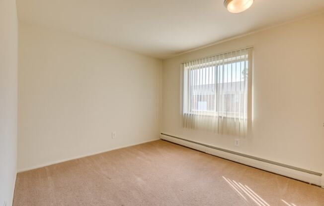 a spacious living room with a large window and carpeting