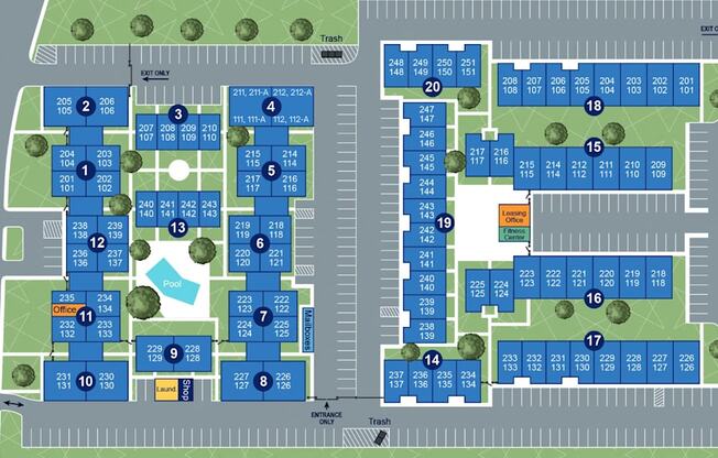 A map of a complex with numbered buildings and roads.