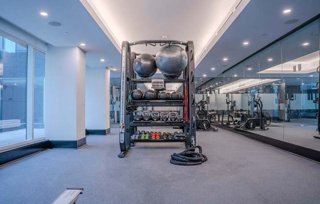 A gym with a rack of weights and exercise balls.