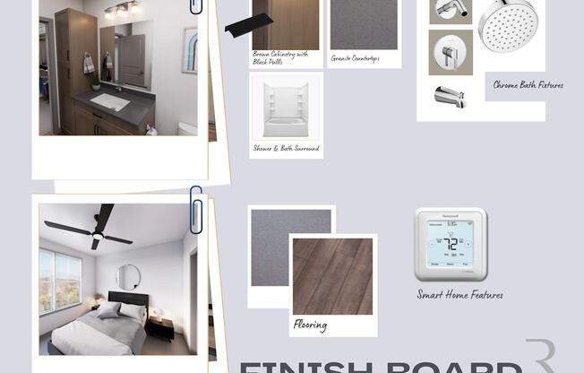 A collection of images showcasing various bathroom finishes and features.