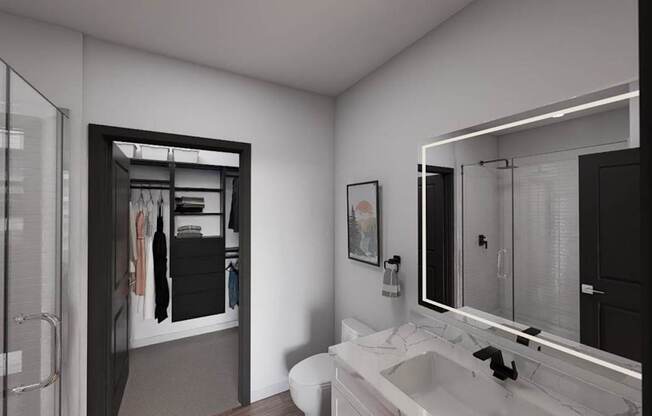 A bathroom with a white sink and a mirror at Refinery at Pointe17 Apartments, Phoenix, AZ, 85085