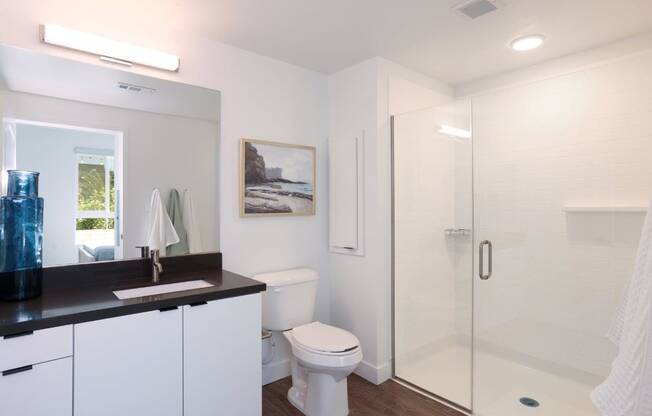 a white bathroom with a toilet and a shower