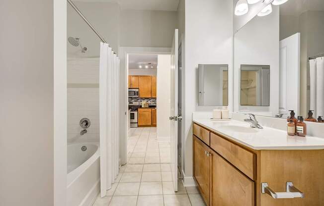 Apartments Near Joint Base Andrews - Tribeca at Camp Springs - A bathroom with a white sink and a mirror