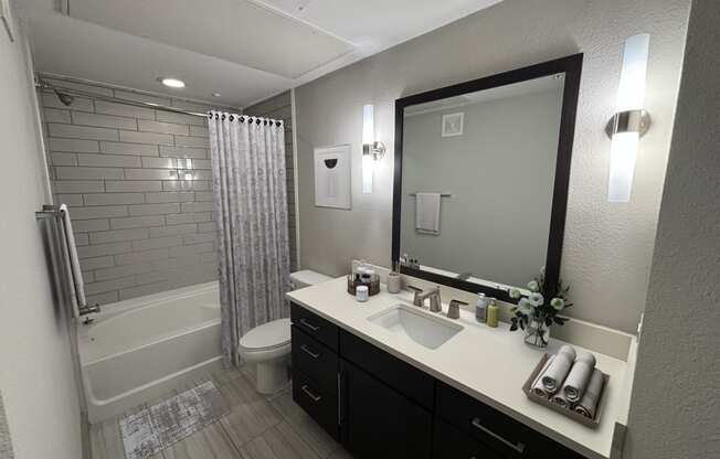 a bathroom with a sink and a shower and a mirror