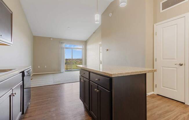 A kitchen with dark wood cabinets and a white door.