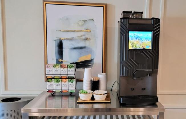 Lux Apartments Bellevue WA Coffee Bar with Free Coffee, Tea and Hot Chocolate Options