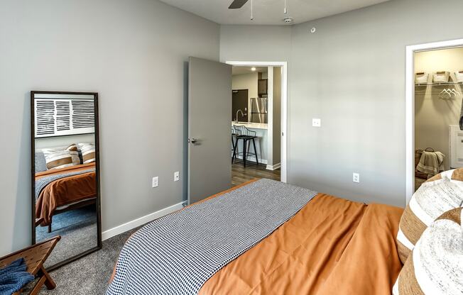 Bedroom with carpeted flooring at Hanover Flats in Bennington, NE