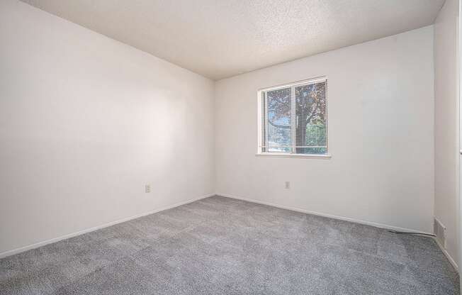 A bedroom with a window and carpeted floor at Seville Apartments, Michigan
