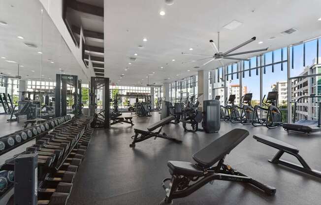 A gym with a variety of equipment including treadmills, weights, and exercise machines.