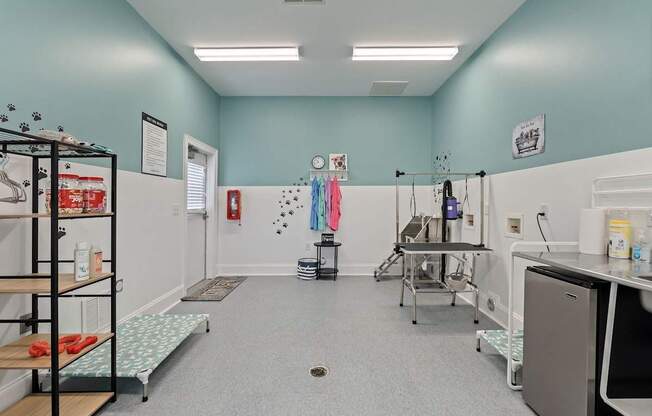 A room with a blue wall and a white door.