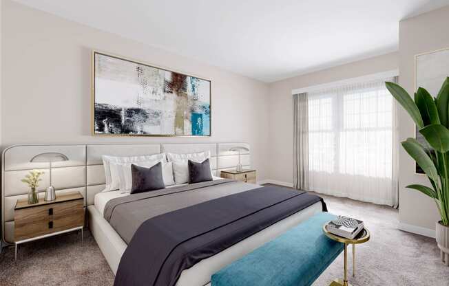 a bedroom with a large painting on the wall and a bed with a blue blanket at West 130, West Hempstead, NY